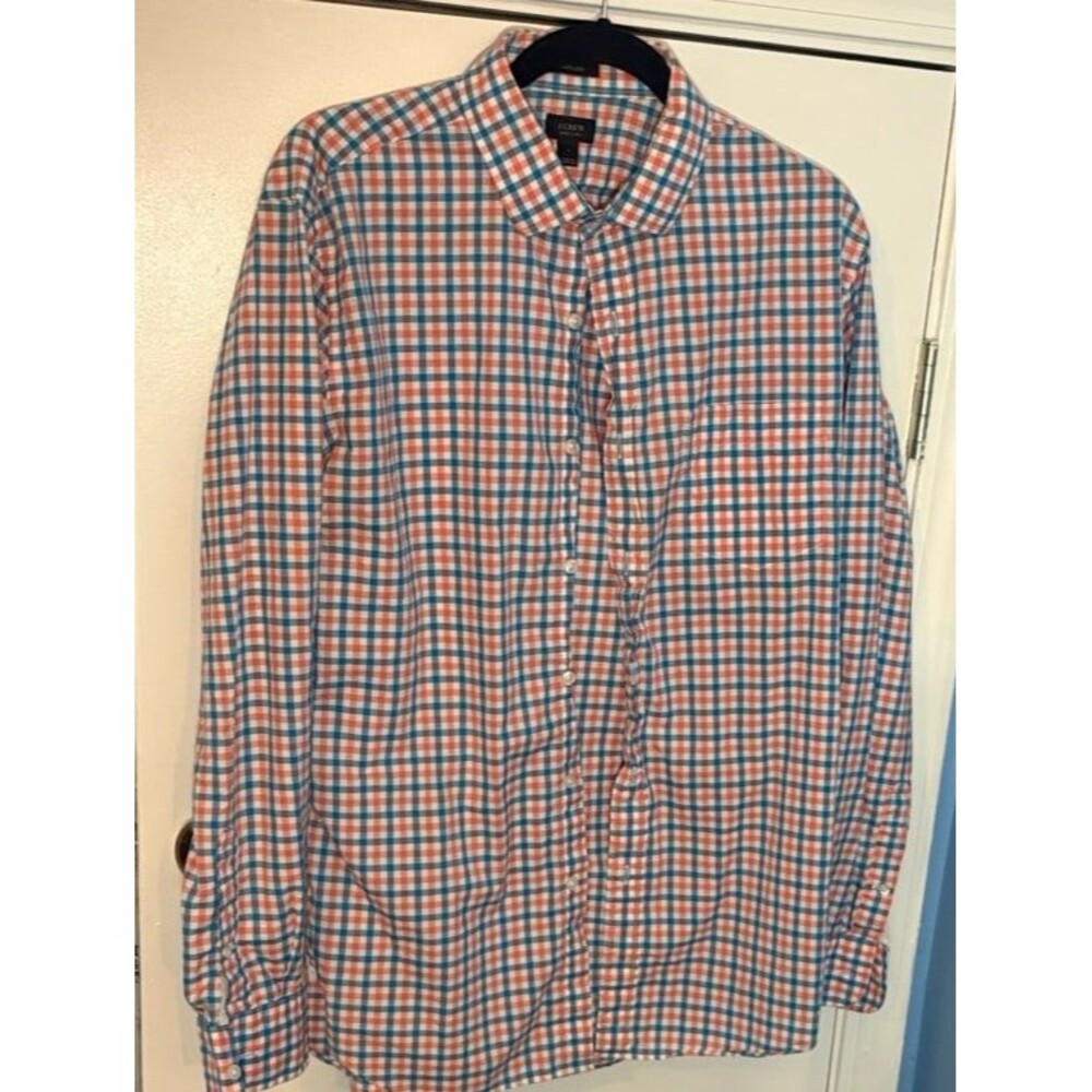 J. Crew Plaid orange blue and white button down long sleeve shirt